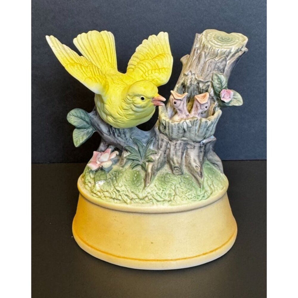 Vintage Shafford Japan Bird Music Box Hand Painted Porcelain Yellow With Switch
